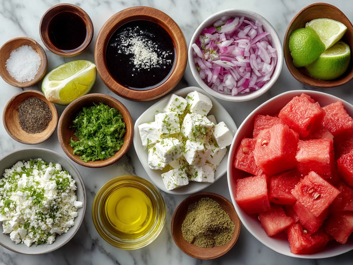 Ingredients for watermelon feta salad with watermelon cubes, feta cheese, mint and red onion