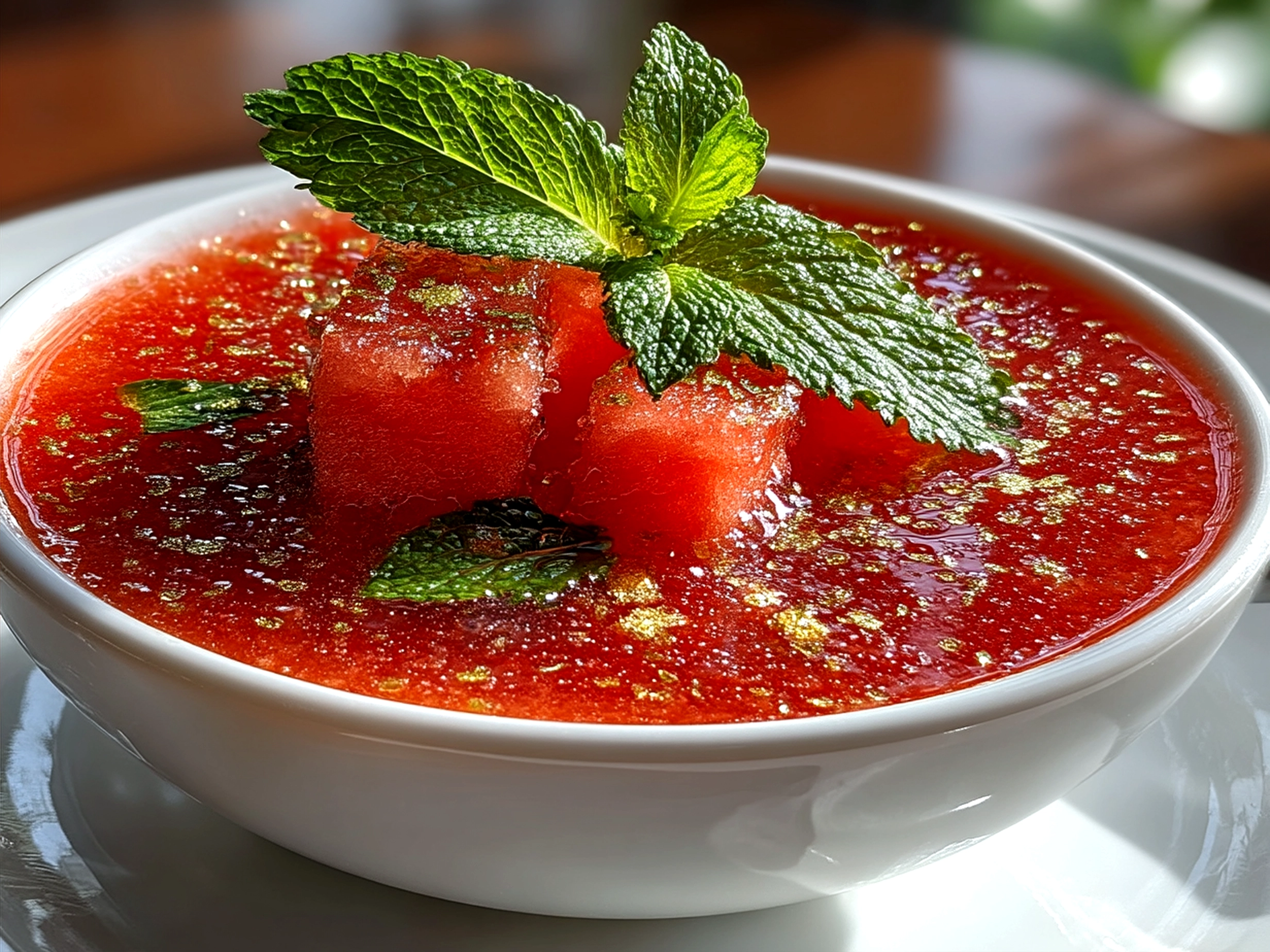 A chilled bowl of watermelon gazpacho garnished with fresh herbs and crumbled feta