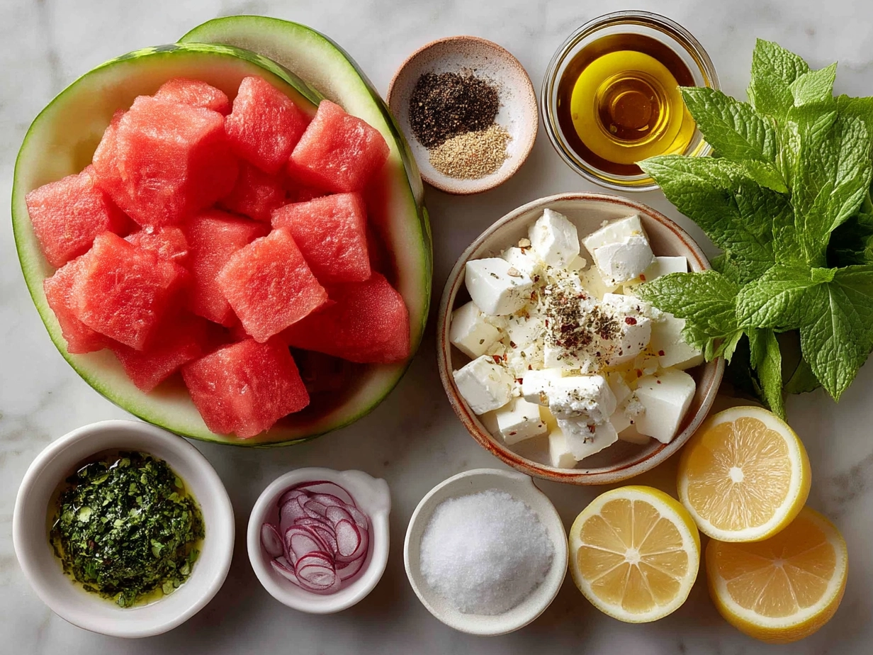 Ingredients for Watermelon Gazpacho lined up on a kitchen table