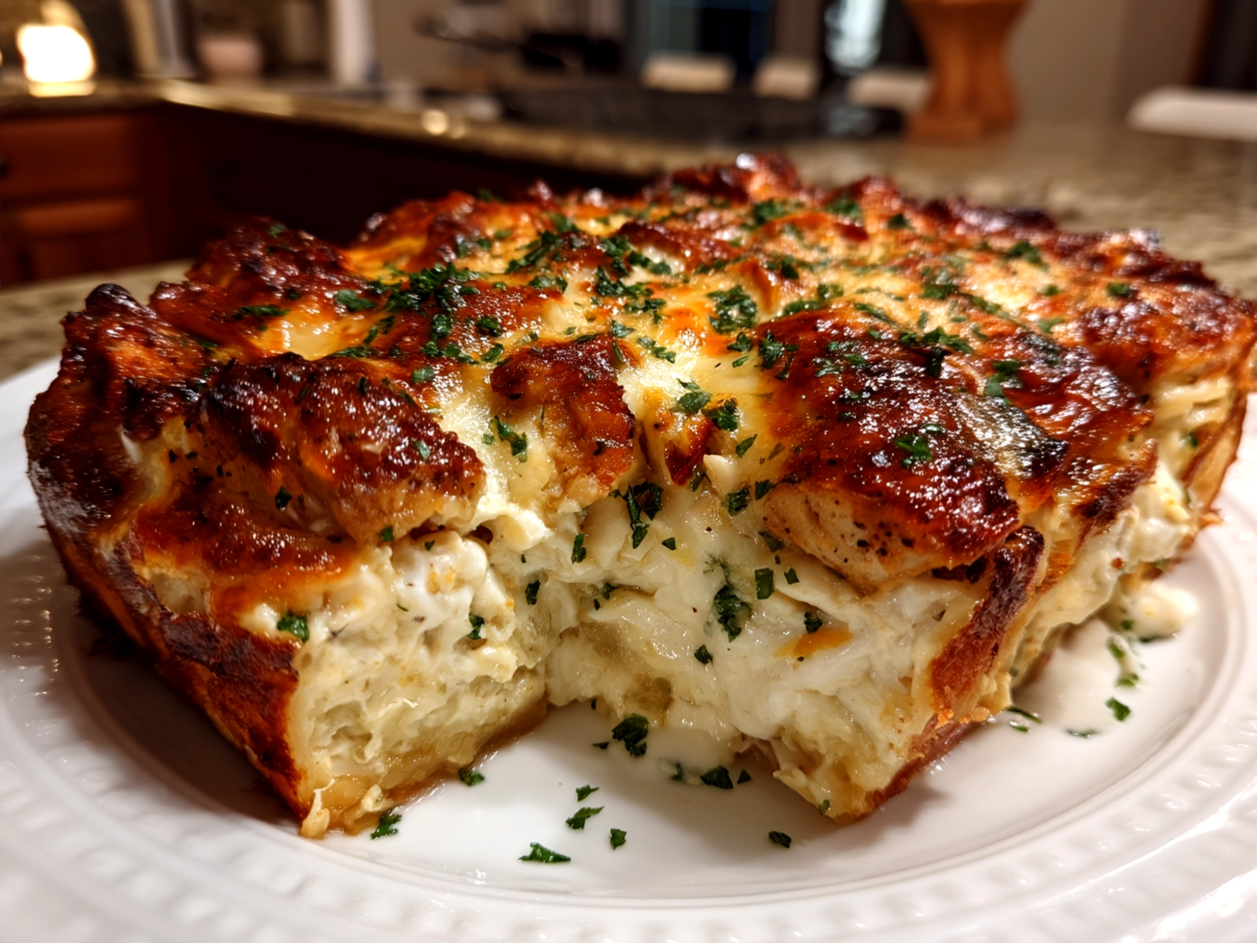 White Chicken Enchilada Casserole ready to serve, showing creamy cheese and sauce layers