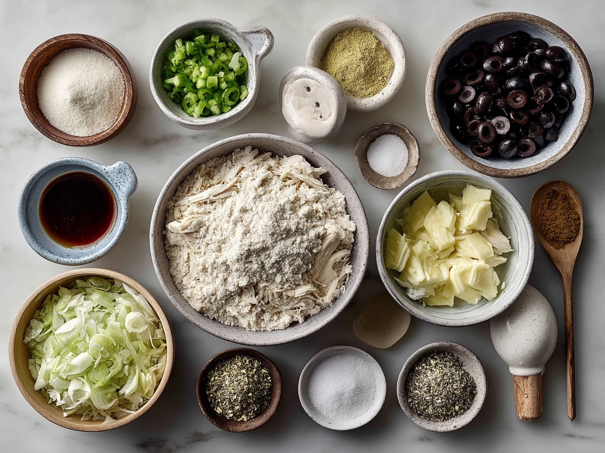 Ingredients for White Chicken Enchilada Casserole including shredded chicken, tortillas, cheese, and spices