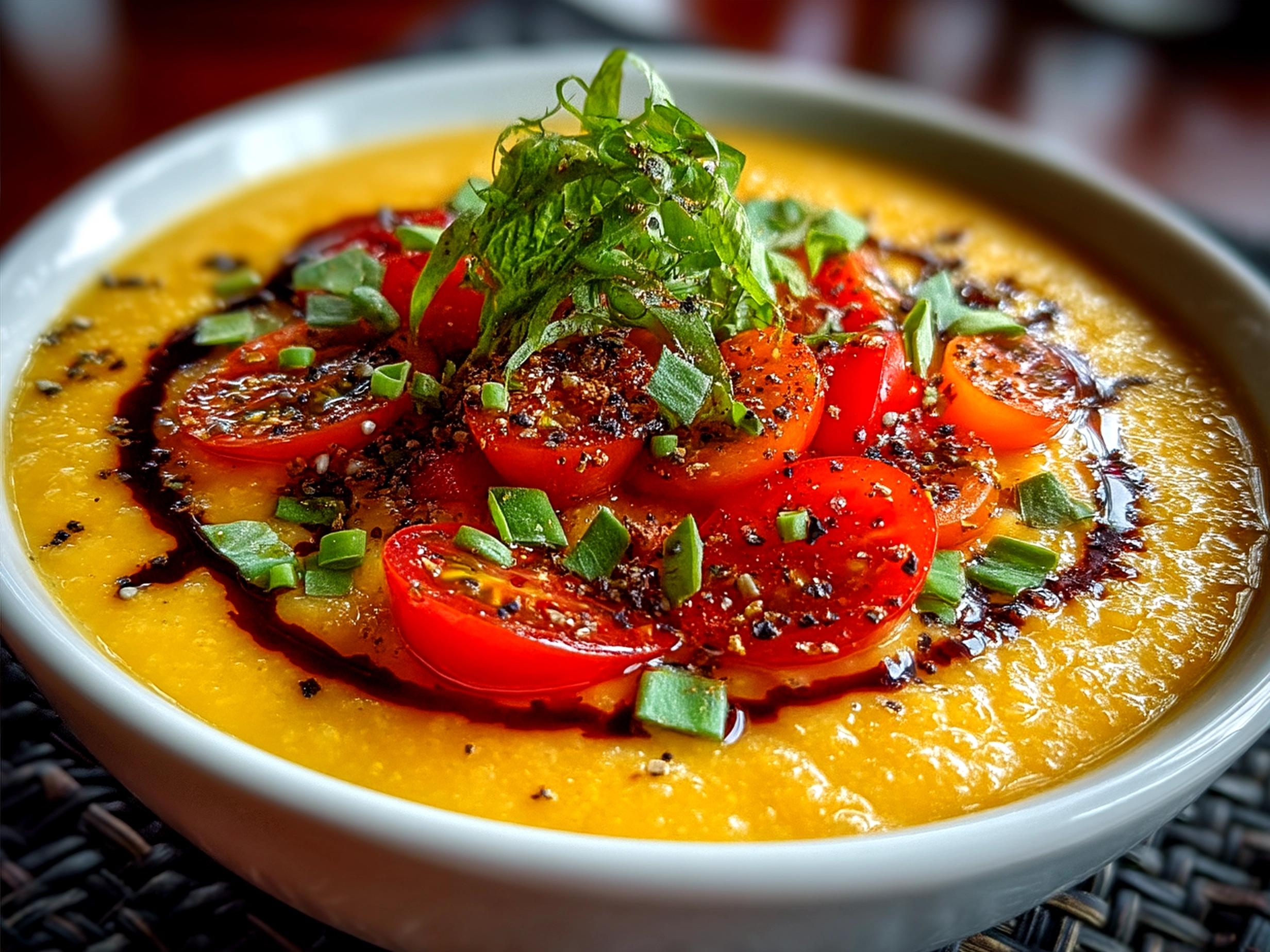 Serving Yellow Tomato Gazpacho garnished with fresh herbs
