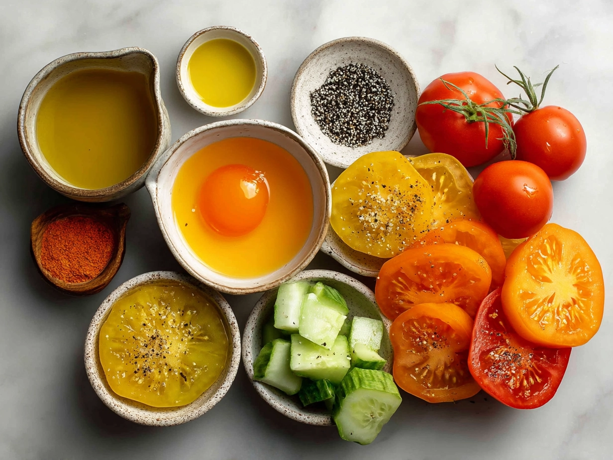 Ingredients for Yellow Tomato Gazpacho including yellow tomatoes, cucumber, bell pepper, garlic, onion, olive oil, vinegar, and spices