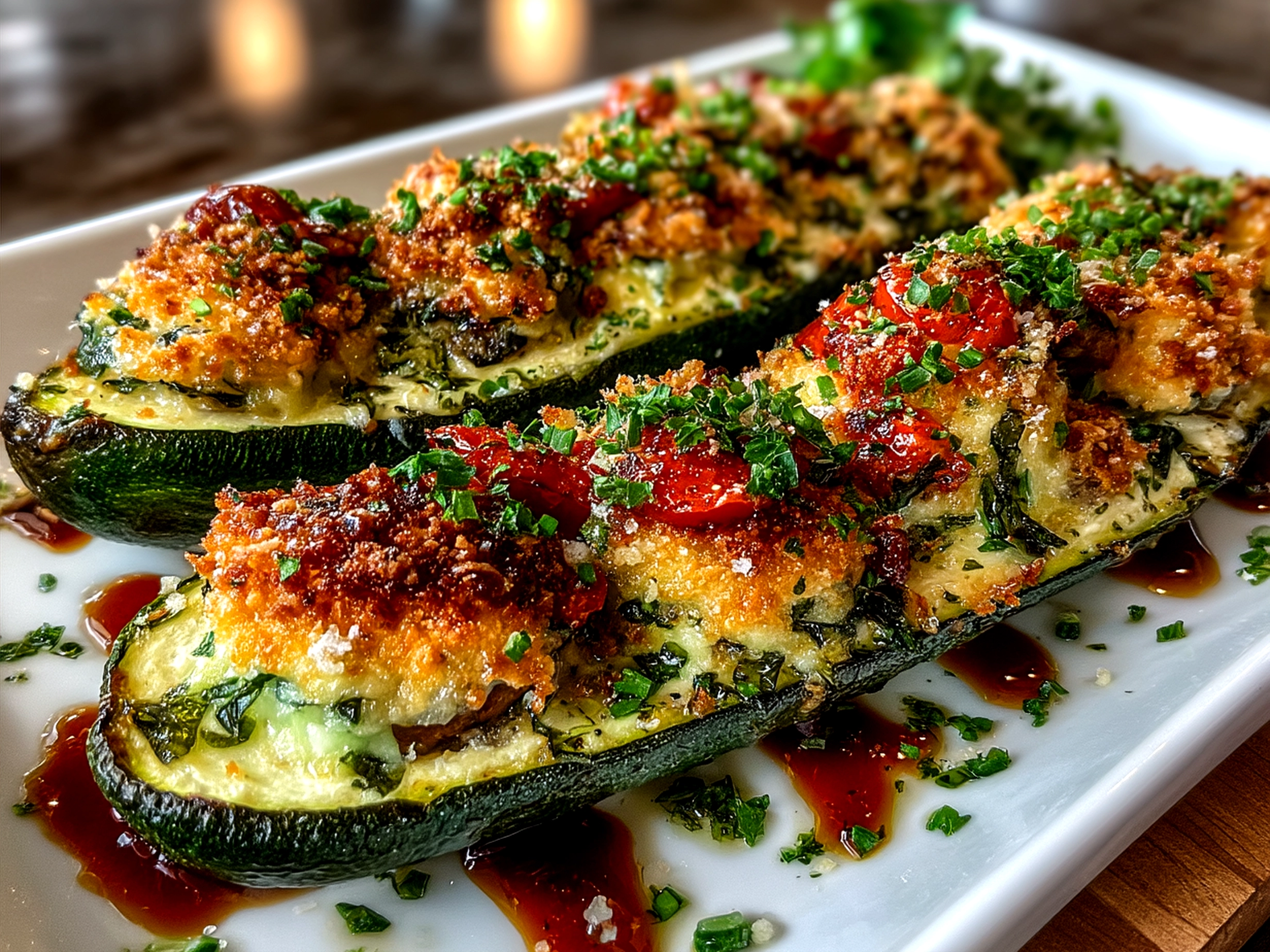 Beautifully plated zucchini boats garnished with fresh herbs and melted cheese