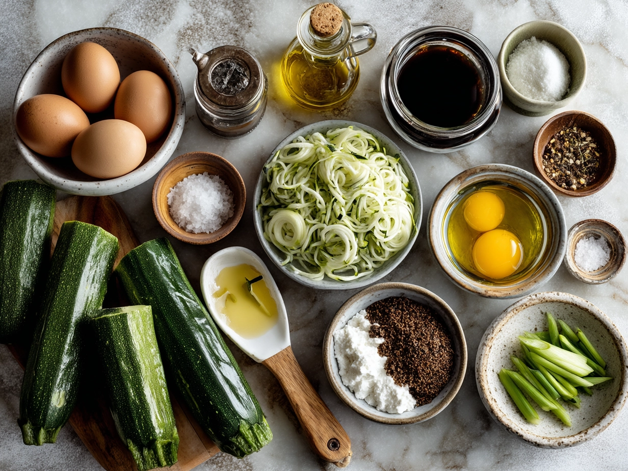 Ingredients for making perfect zucchini boats including zucchinis, olive oil, cheese, and herbs