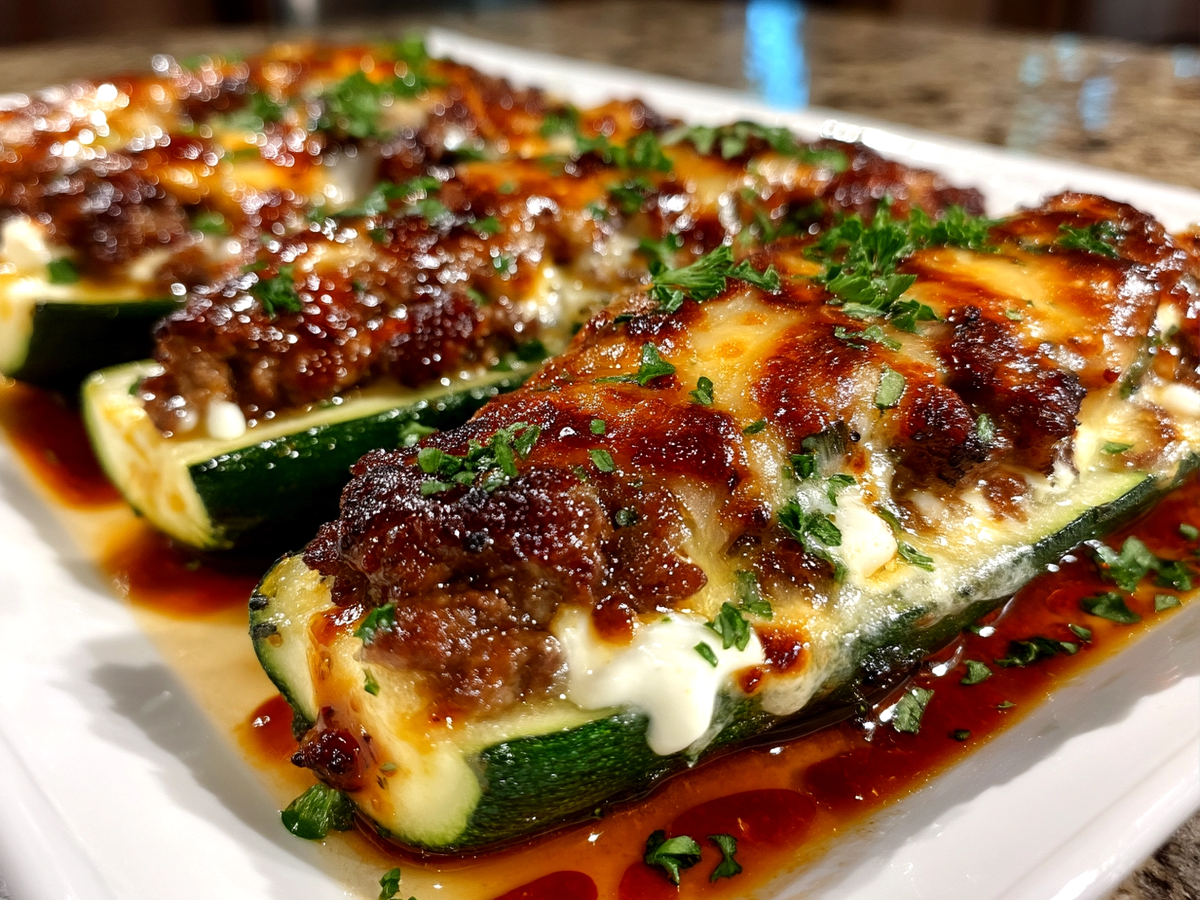Plated zucchini boats beef garnished with fresh parsley and served on a ceramic platter