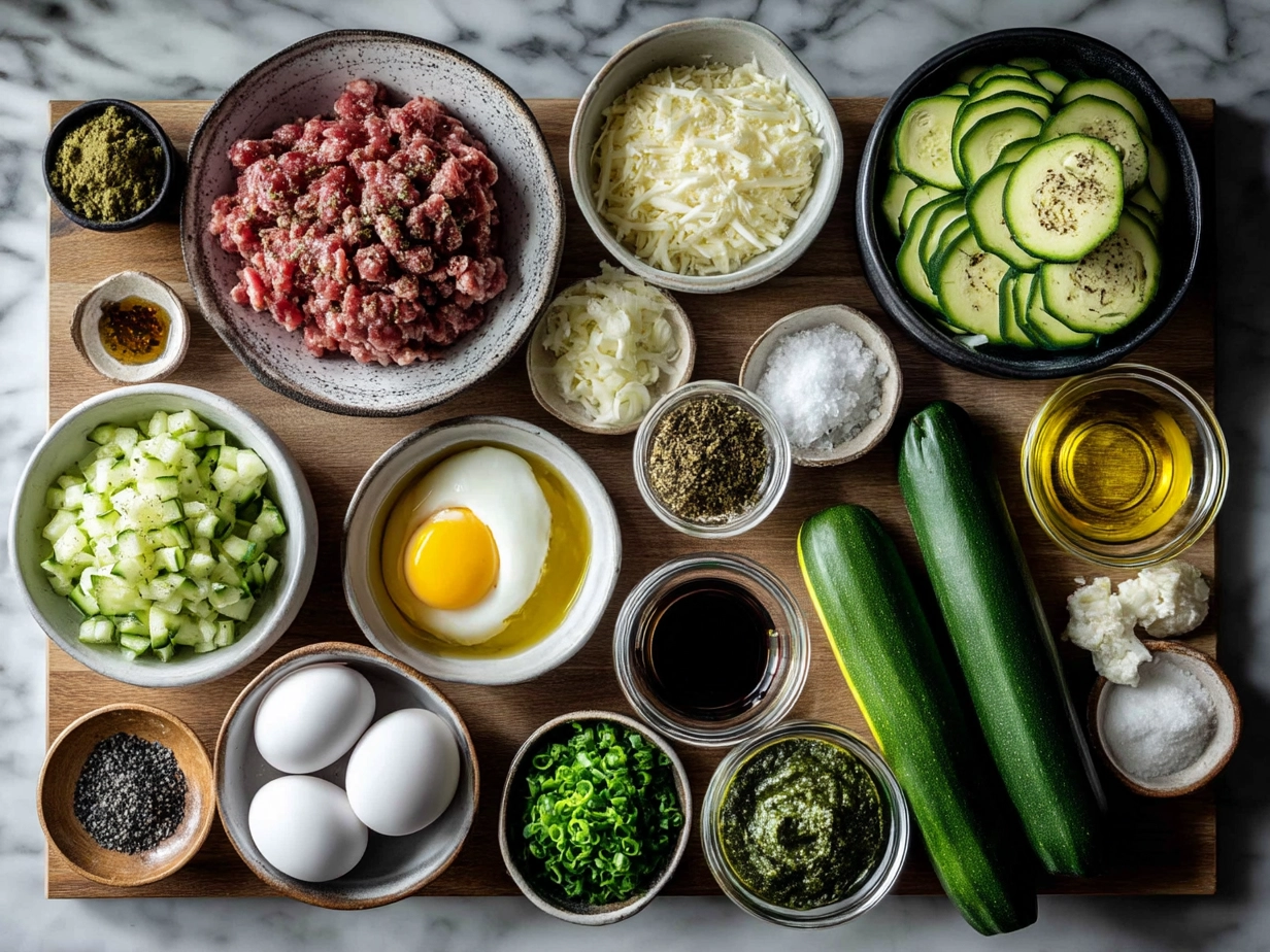 Ingredients for making zucchini boats beef laid out on a table