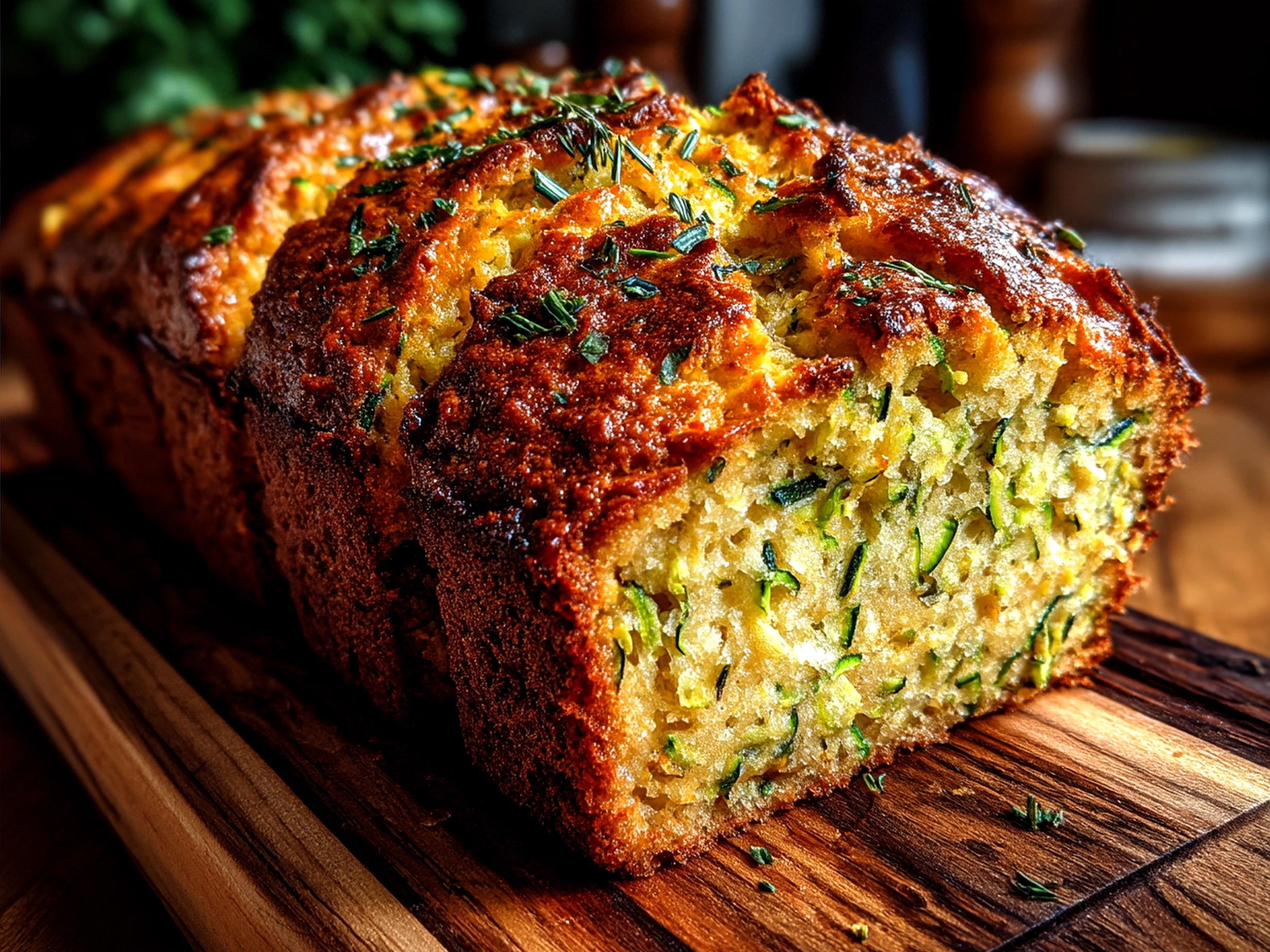 Sliced moist zucchini bread served on a plate, ready to enjoy with a cup of tea