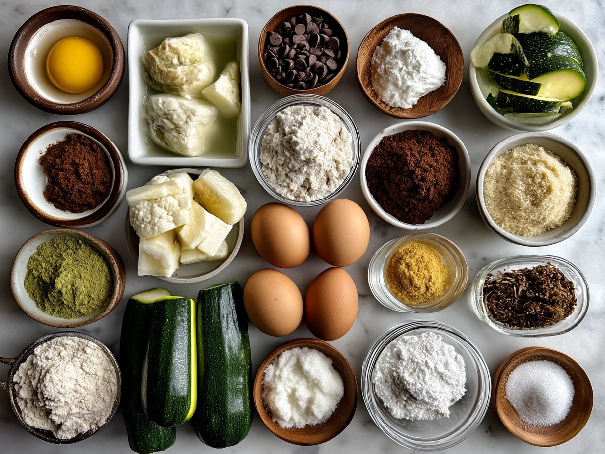 Ingredients for Moist Zucchini Quick Bread laid out on a table with measuring cups and spices