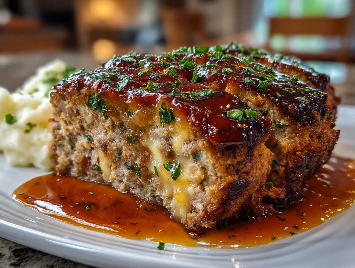 Plate of sliced BBQ Stuffed Meatloaf served with sides