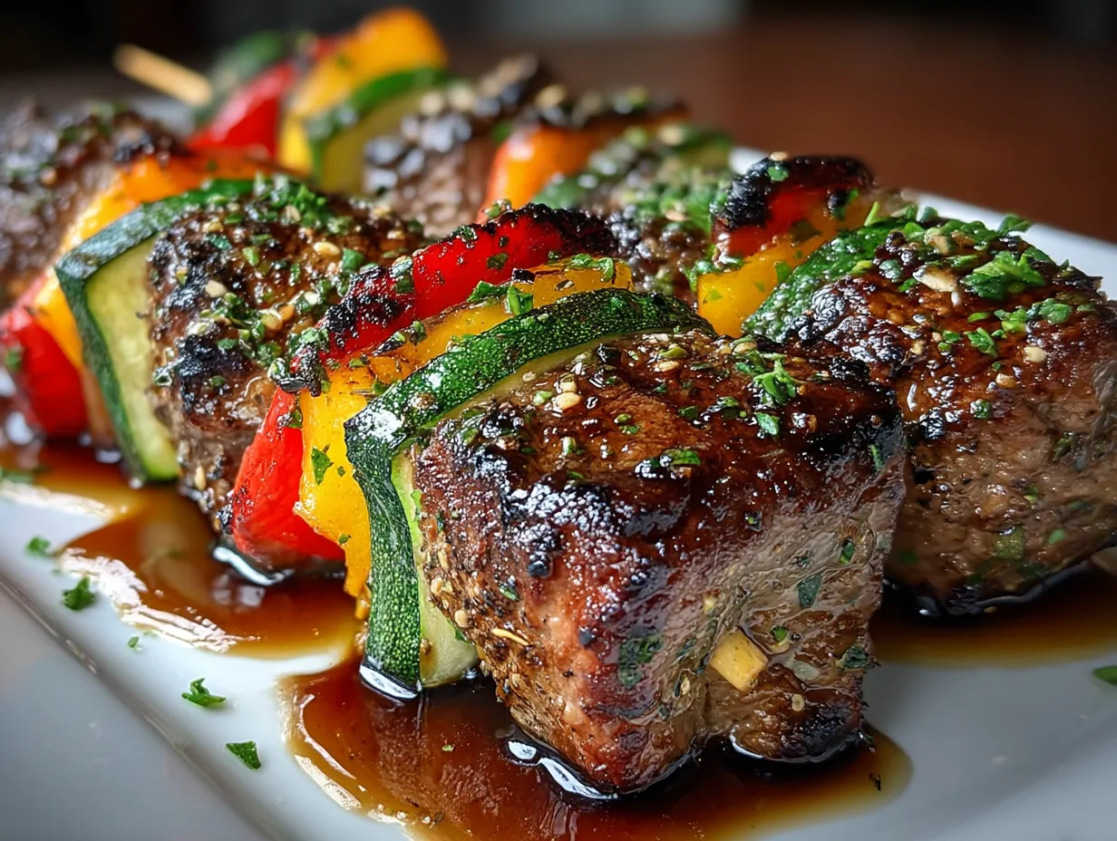 Serving Beef Kabobs with Bell Peppers and Zucchini on a platter