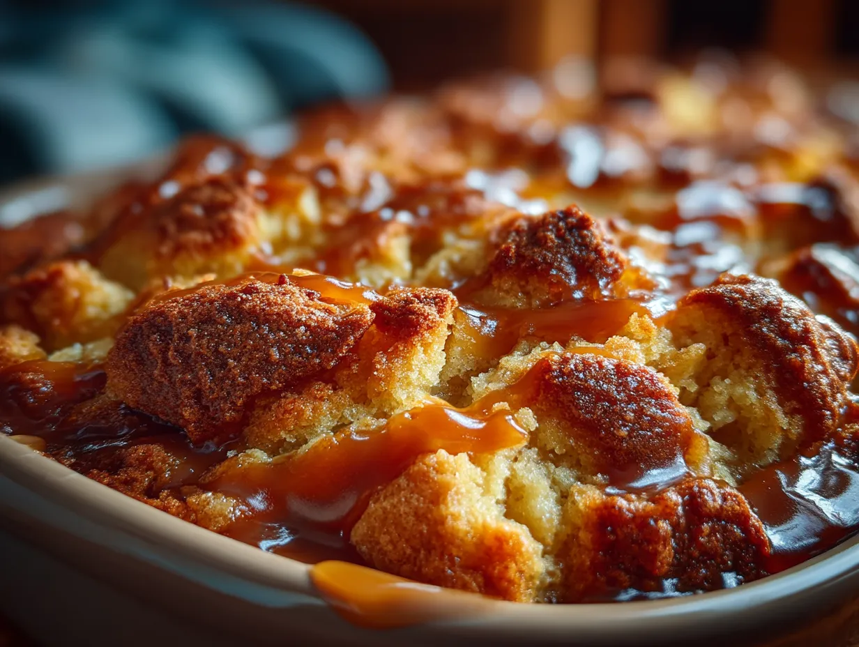 Serving of warm Caramel Apple Dump Cake topped with vanilla ice cream and nuts