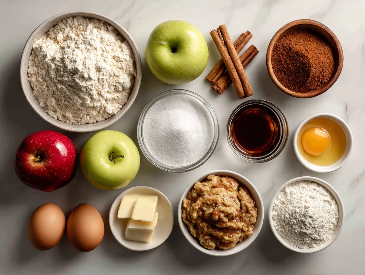 Ingredients laid out for Caramel Apple Dump Cake including apples, cake mix, caramel sauce, butter, and spices