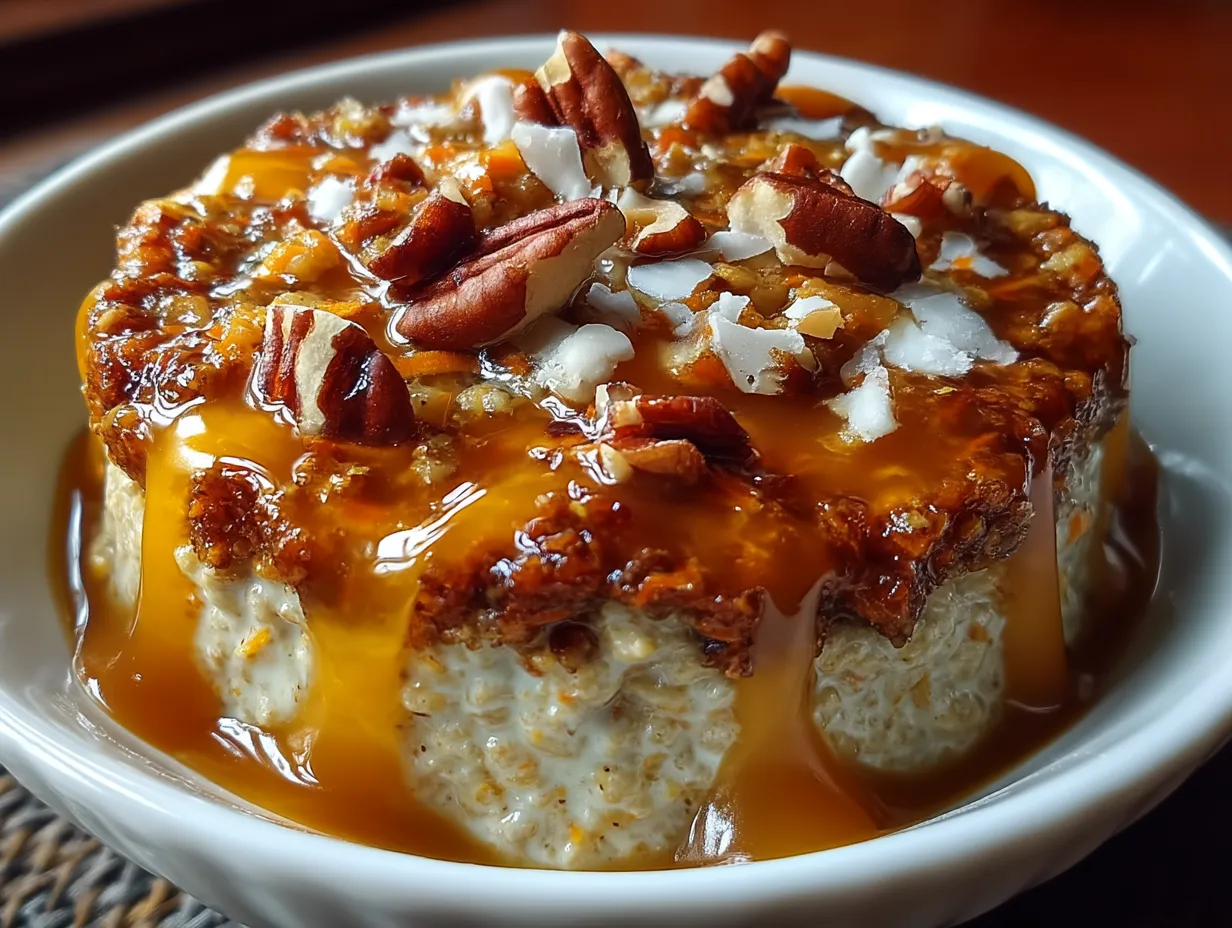 A beautifully served bowl of carrot cake oatmeal topped with nuts and raisins