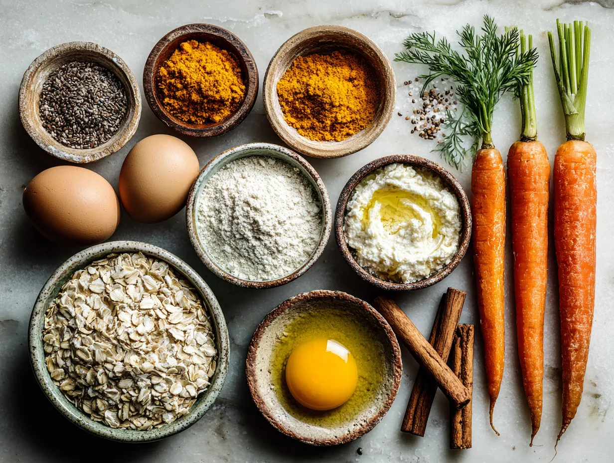 Ingredients for carrot cake oatmeal including oats, grated carrots, spices, nuts, and dried fruit