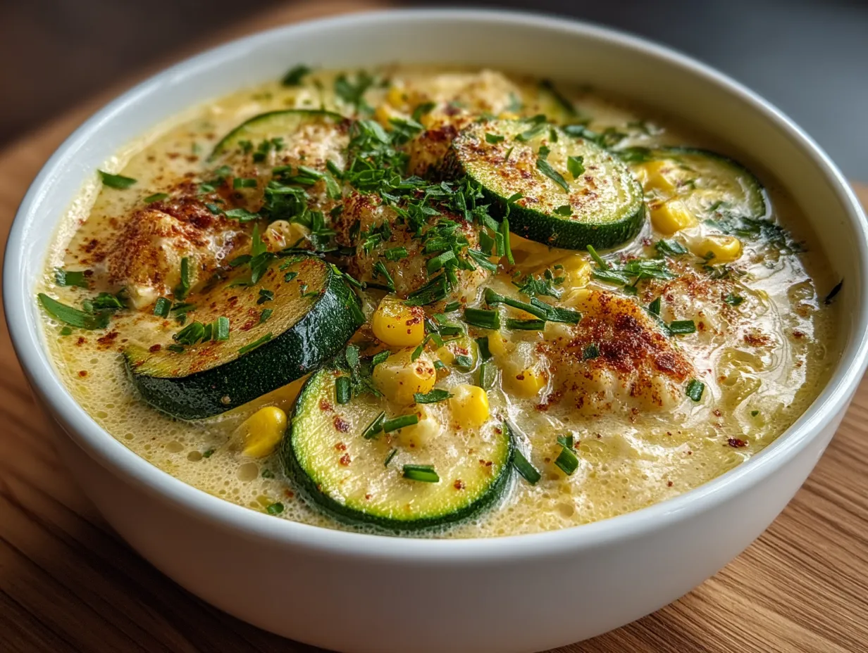 Creamy corn and zucchini chowder served in bowls with herbs and bread