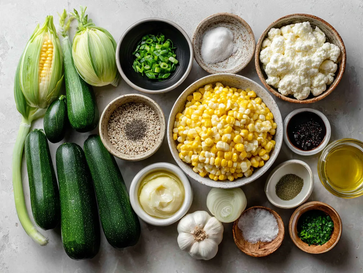 Ingredients for creamy corn and zucchini chowder including corn, zucchini, potatoes, onion, garlic, and other items