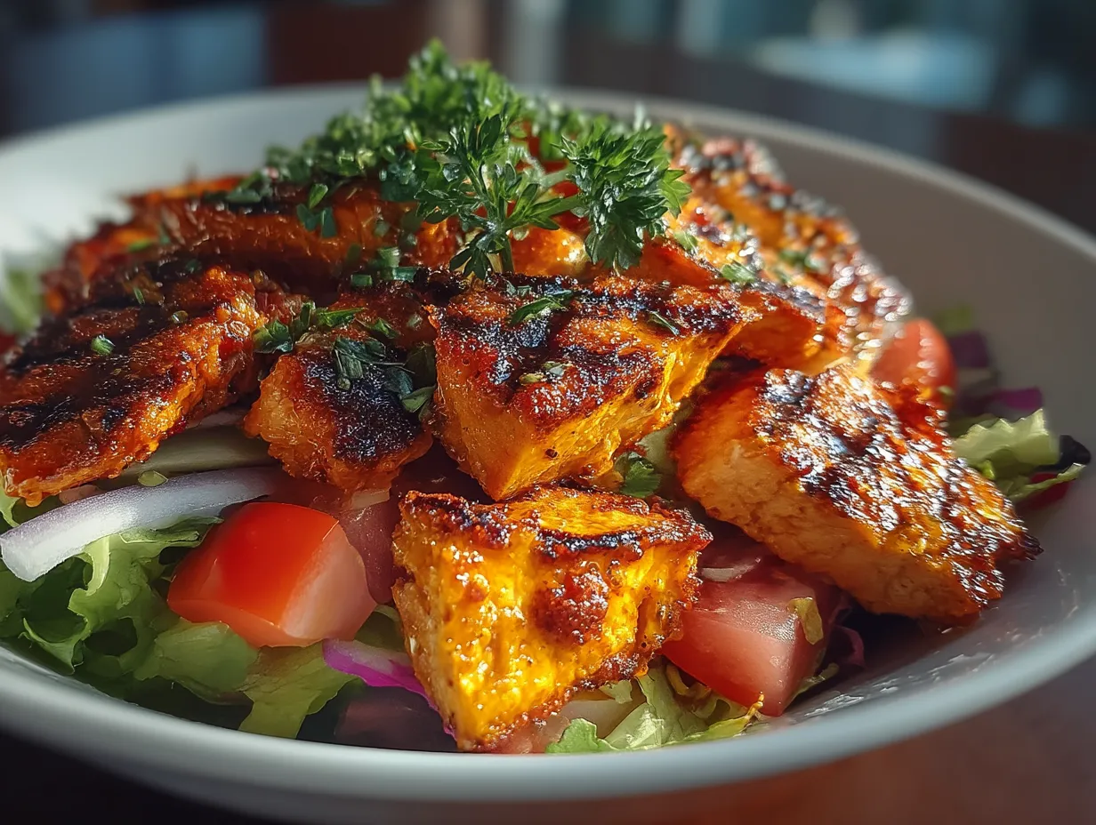 Serving Grilled Buffalo Chicken Salad in bowl with toppings