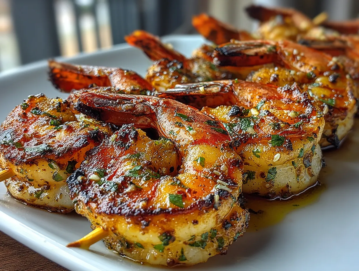 Serving Grilled Garlic Herb Shrimp Skewers with fresh herbs and grilled vegetables