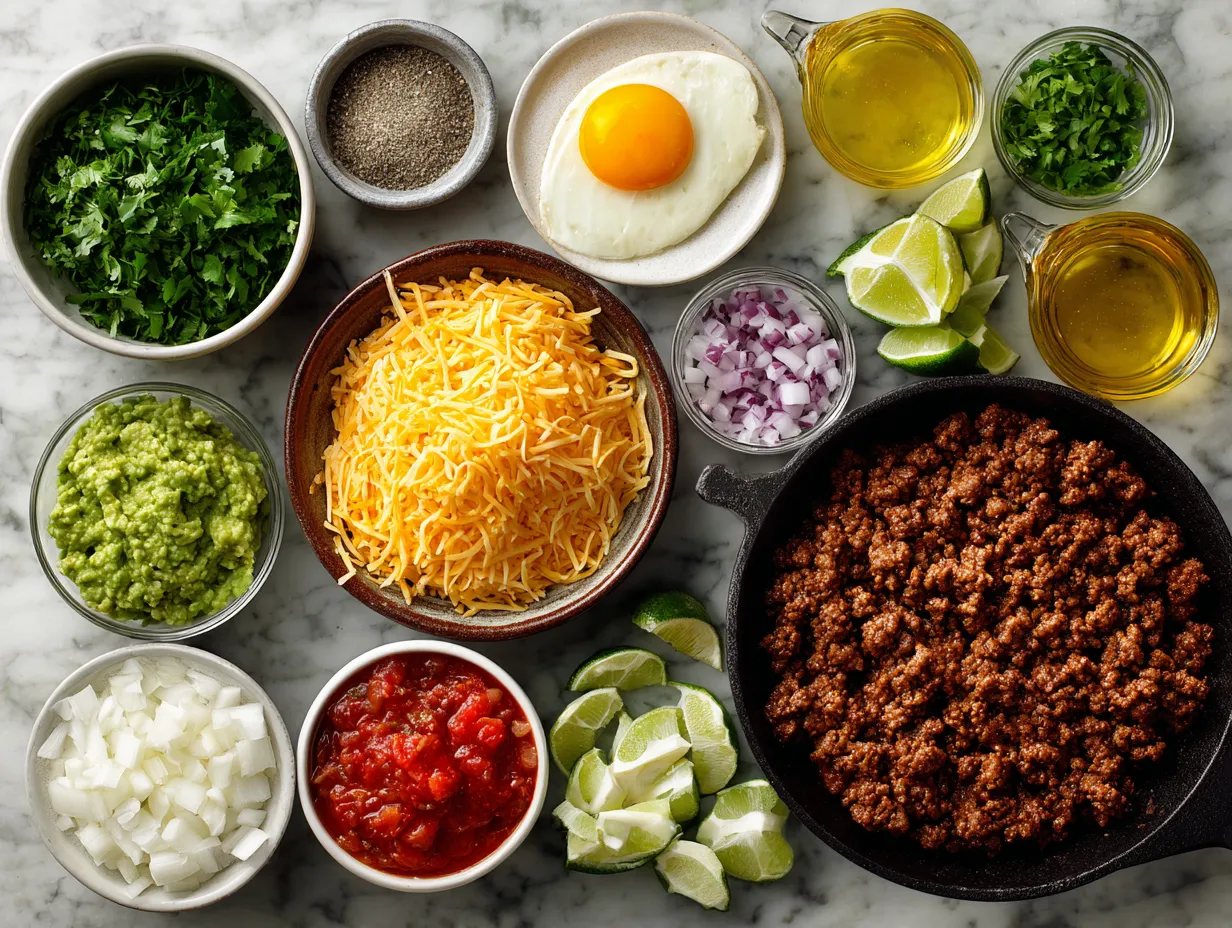 Ingredients for Ground Beef Taco Skillet including ground beef, onions, garlic, bell pepper, spices, cheese, and canned tomatoes