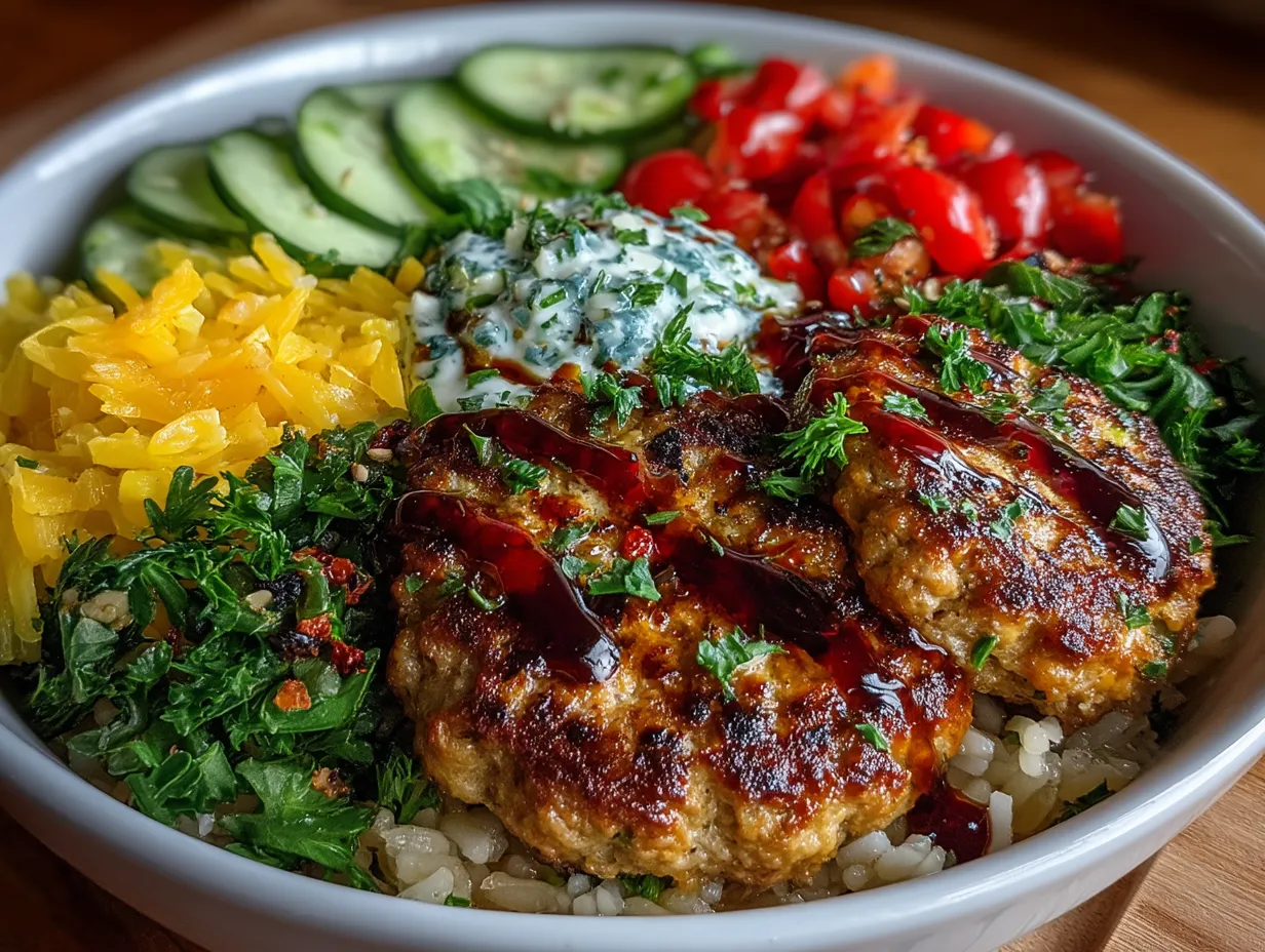 Healthy turkey burger bowls with vibrant toppings ready to serve