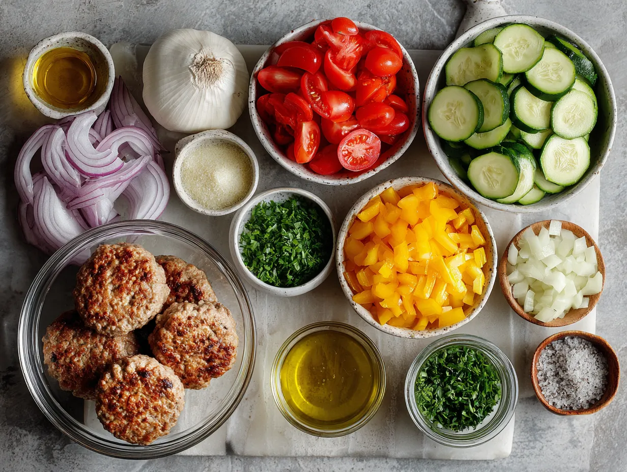 Ingredients for healthy turkey burger bowls laid out on a kitchen counter