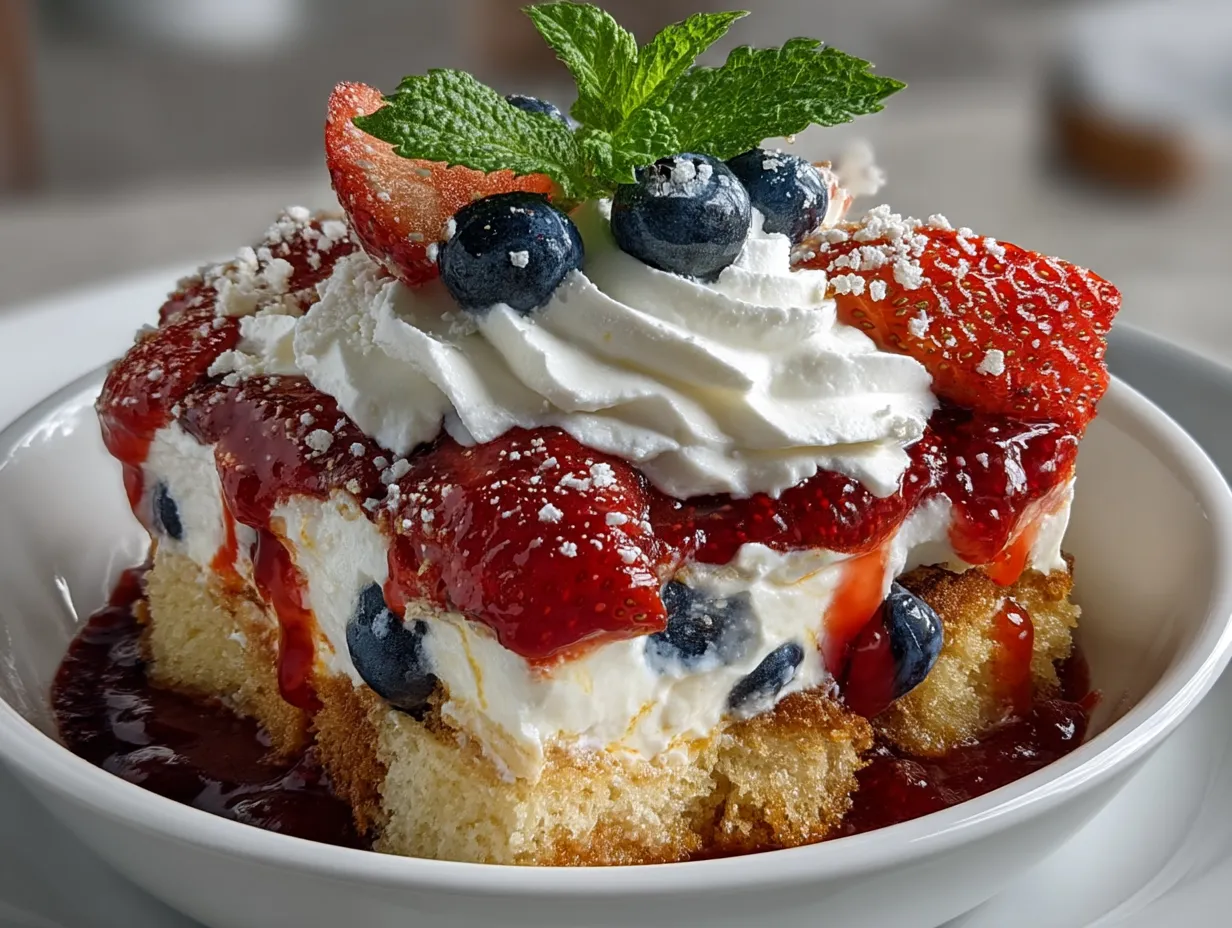 Serving Red White Blue Trifle in clear glass bowl garnished with fresh berries and mint