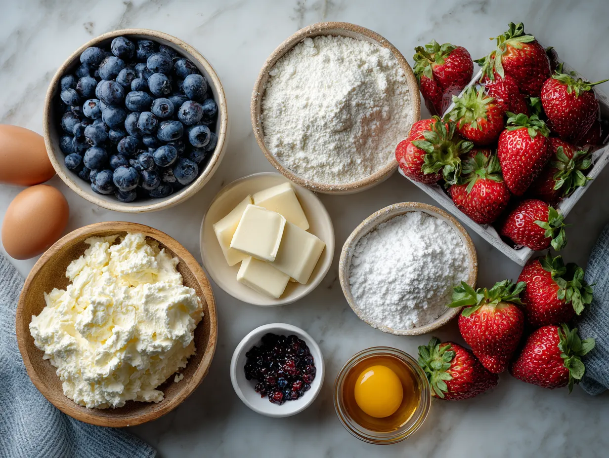 Ingredients for Red White Blue Trifle including pound cake and fresh berries