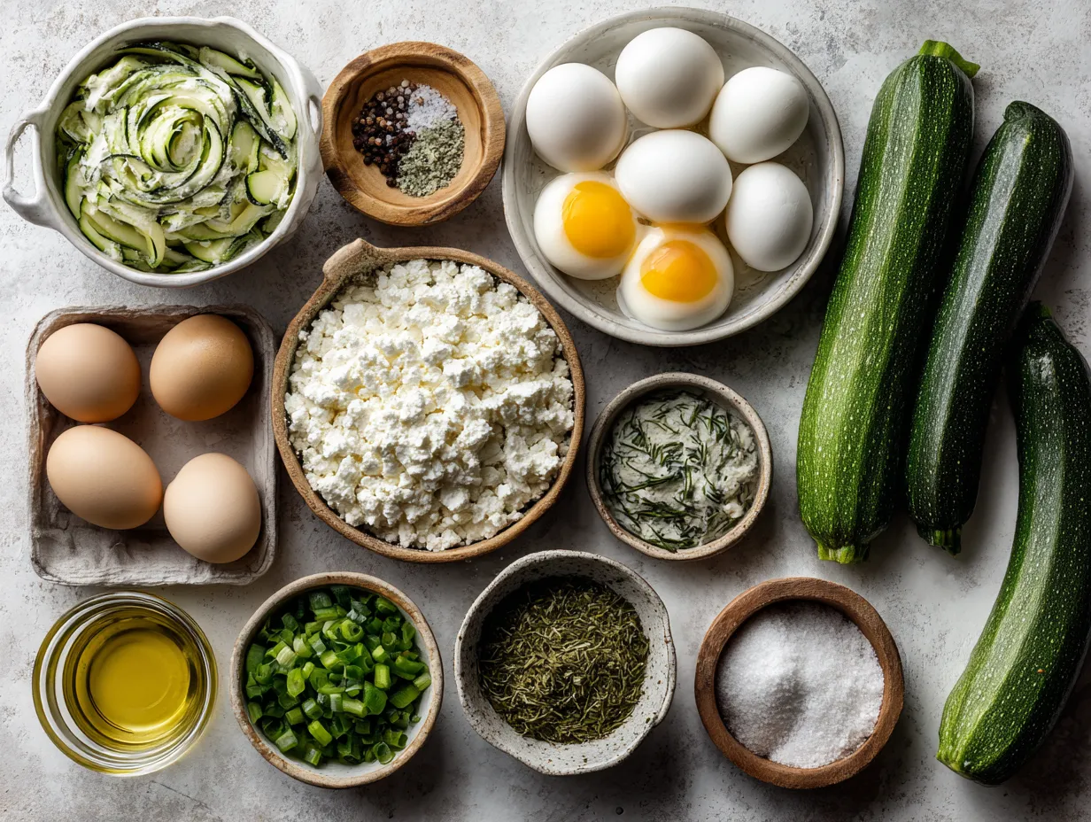 Ingredients for Savory Zucchini and Feta Egg Bites, including zucchini, eggs, feta cheese, red onion, garlic, parsley, and spices