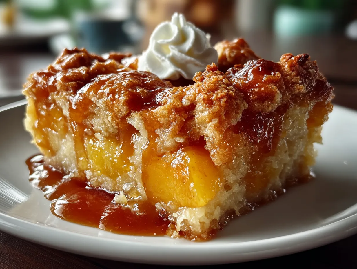 Serving suggestion of Southern Georgia Style Peach Cobbler with vanilla ice cream and cinnamon garnish