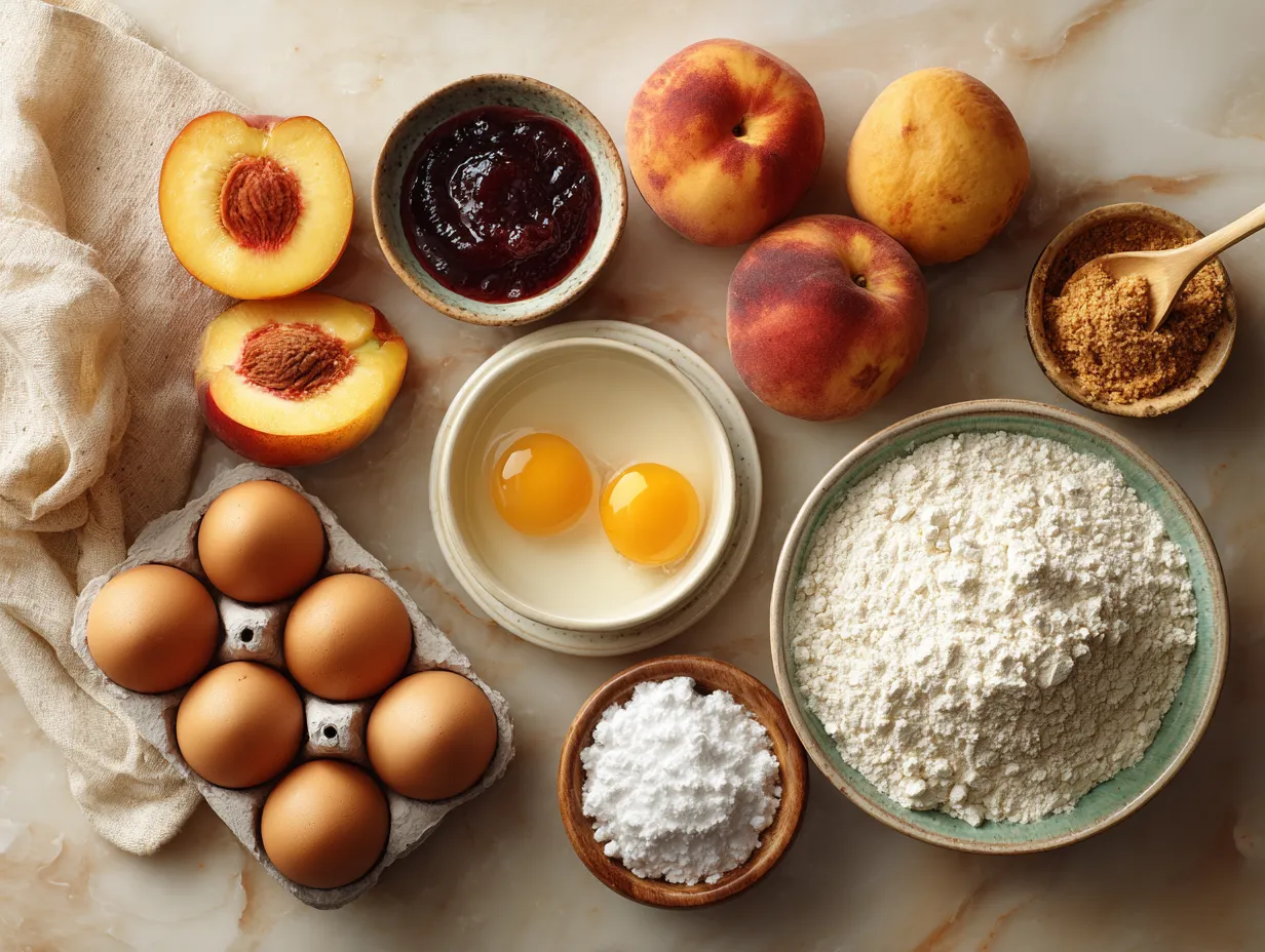 Ingredients laid out for Southern Georgia Style Peach Cobbler including peaches, spices, flour, and butter